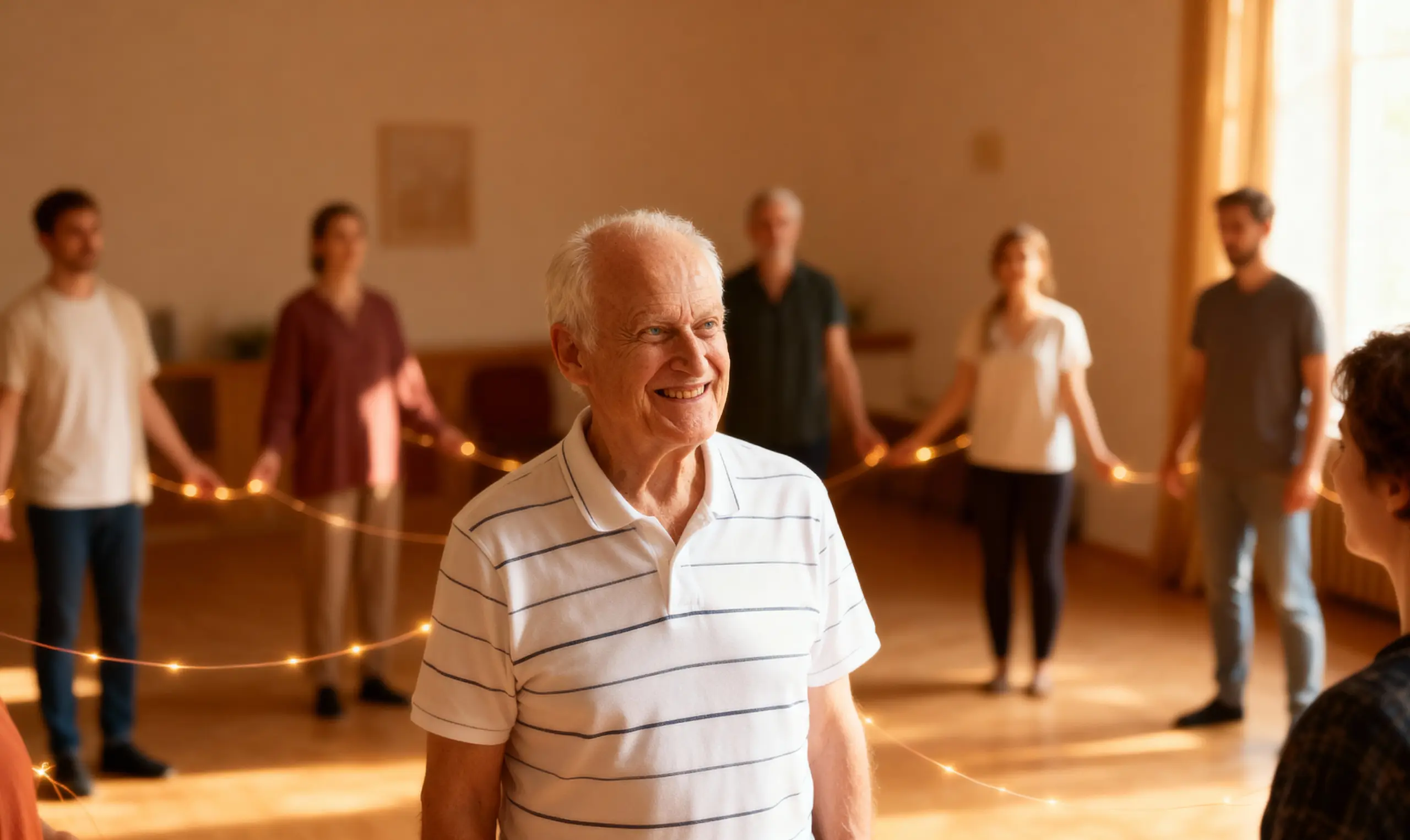 Grupo realizando una sesión de constelaciones familiares con Bert Hellinger como facilitador, enfocados en la sanación sistémica y los vínculos familiares