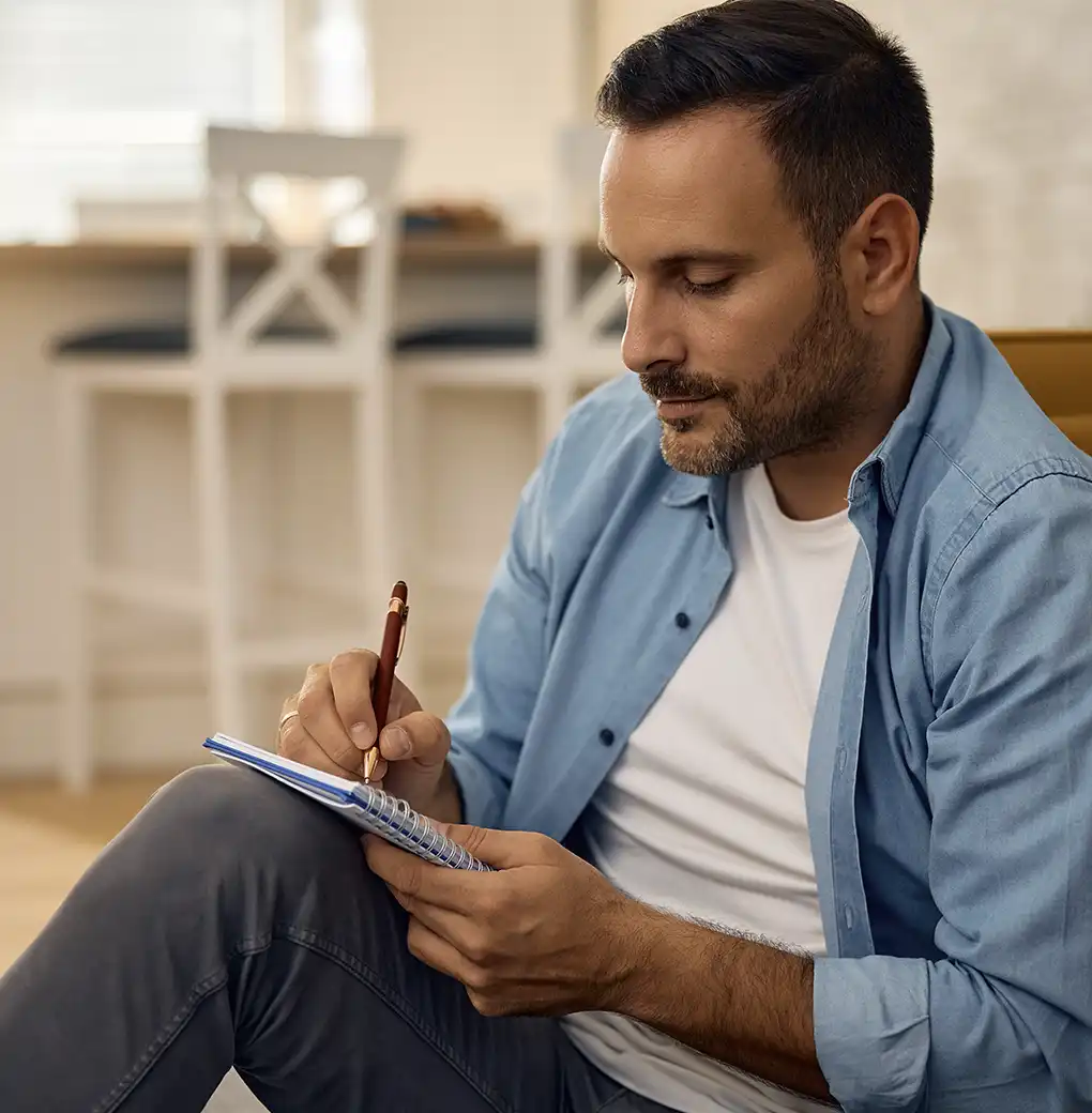 Hombre escribiendo en una libreta, creando listas prácticas para enfocar su energía y manifestar objetivos mediante la Ley de la Atracción