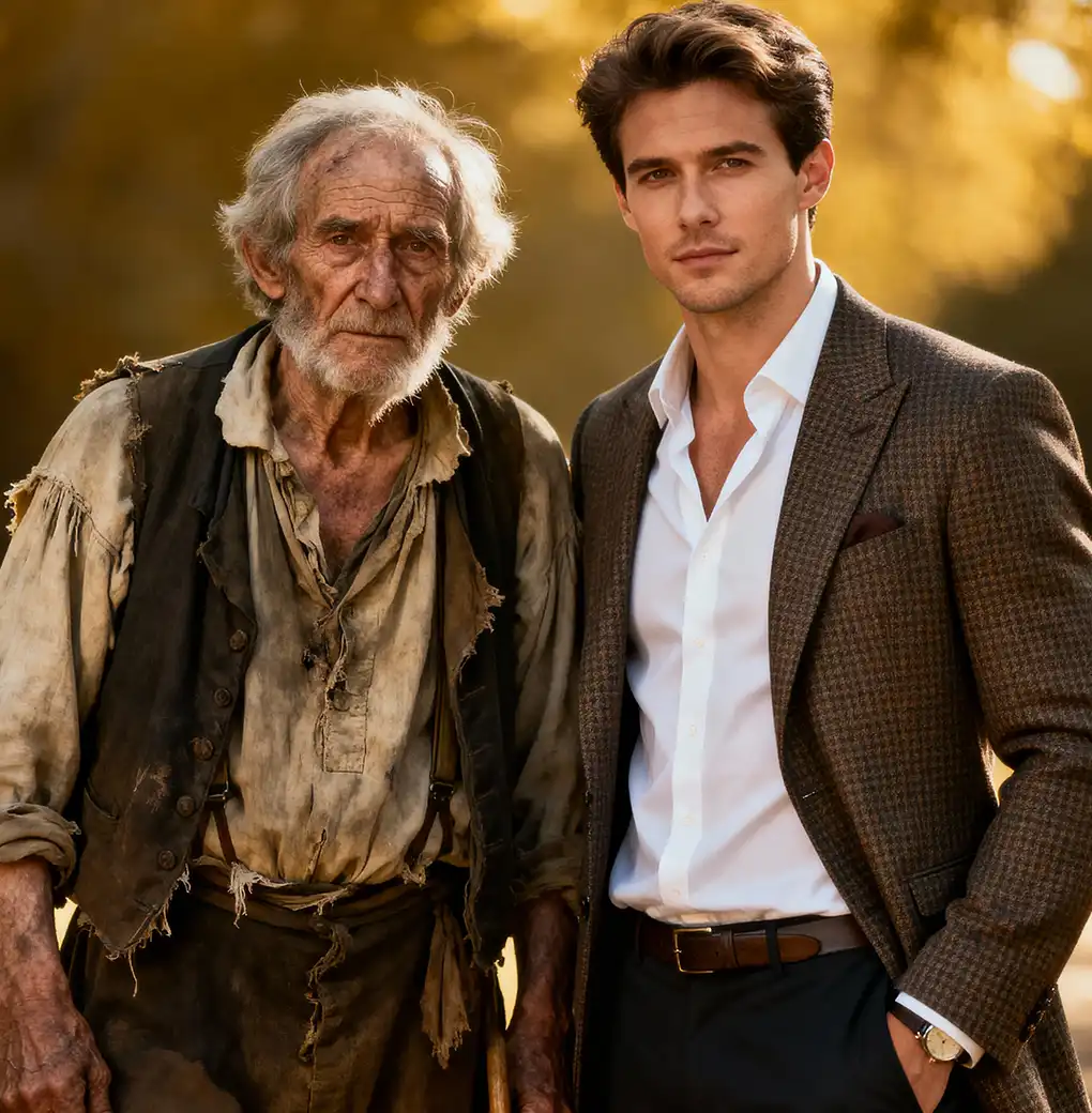 Dos hombres de generaciones distintas, uno con aspecto humilde y otro elegante, simbolizan la transformación interior y el poder de la Ley de la Atracción para cambiar la vida