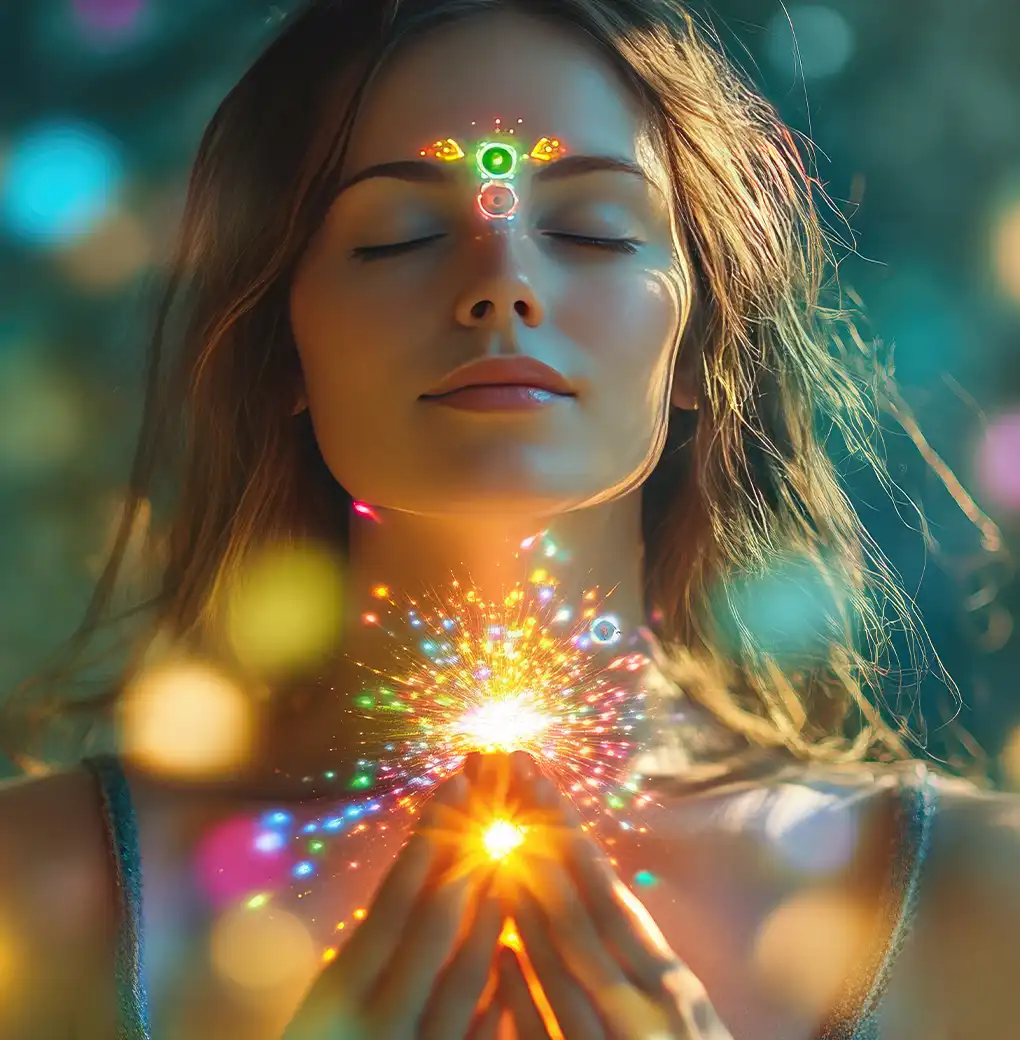 Mujer meditando con los ojos cerrados y luces energéticas en la frente y el pecho, representando la visualización creativa y la conexión interior